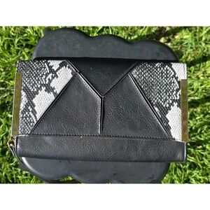 Black Faux Leather Snake Print Envelope Clutch Bag Gold Hardware